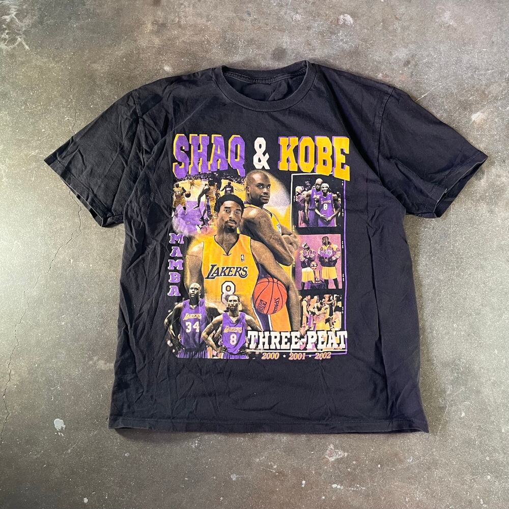 2002 Shaq & Kobe 3-peat lakers basketball black graphic T-shirt men’s large